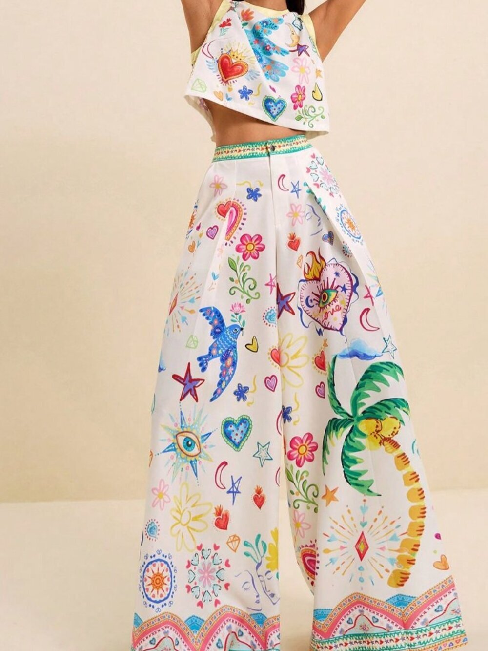 Multicolor Boho Women's Tropical Print Sleeveless Crop Top & Wide Leg Pants Set